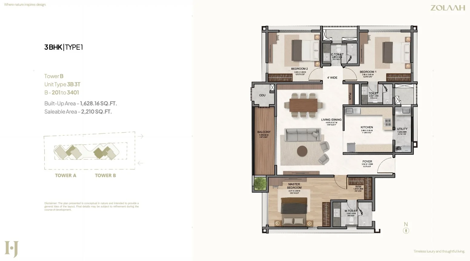 3 BHK Type 1 – 2210 sqft floor plan, Tower B 3 BHK Type 1 – 2210 sqft floor plan, Tower B
