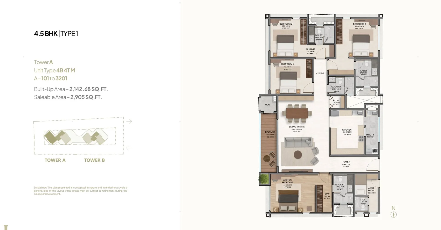4.5 BHK Type 1 – 2905 sqft floor plan, Tower A 4.5 BHK Type 1 – 2905 sqft floor plan, Tower A